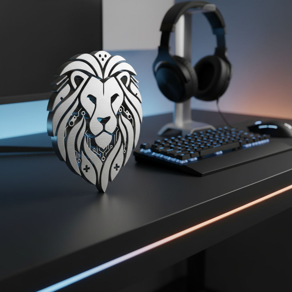 A sleek, stylized lion’s mane logo rendered as a three-dimensional metallic emblem, its flowing strands subtly resembling circuit traces and game controller shapes. The emblem sits centered on a matte black desk surface beside a high-end gaming keyboard, a minimalist mouse, and a pair of over-ear headphones resting on a stand. Cool blue and soft amber LED lighting from beneath the desk casts gentle reflections on the metal, creating a professional, high-tech atmosphere. Photographic realism at eye level, with a shallow depth of field that keeps the emblem razor sharp while the peripherals blur into a tasteful bokeh, evoking premium game development with the consumer at heart.