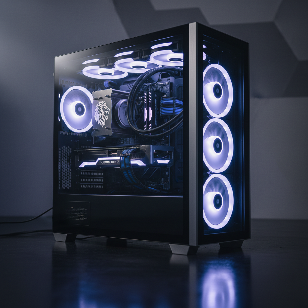 A dramatic close-up of a high-performance PC tower with a transparent side panel revealing meticulously organized components: RGB-lit fans, braided cables, and a custom GPU backplate etched with a roaring lion emblem. The tower stands on a dark, reflective floor in a minimal studio setting, with only a subtle geometric backdrop faintly visible. Low-key, directional lighting from the left creates striking highlights on the metal and glass, while the RGB glow adds vibrant blues and purples inside. Photographic realism with a low-angle perspective accentuates power and precision, reflecting a professional, performance-driven game development studio dedicated to players’ in-game experience.