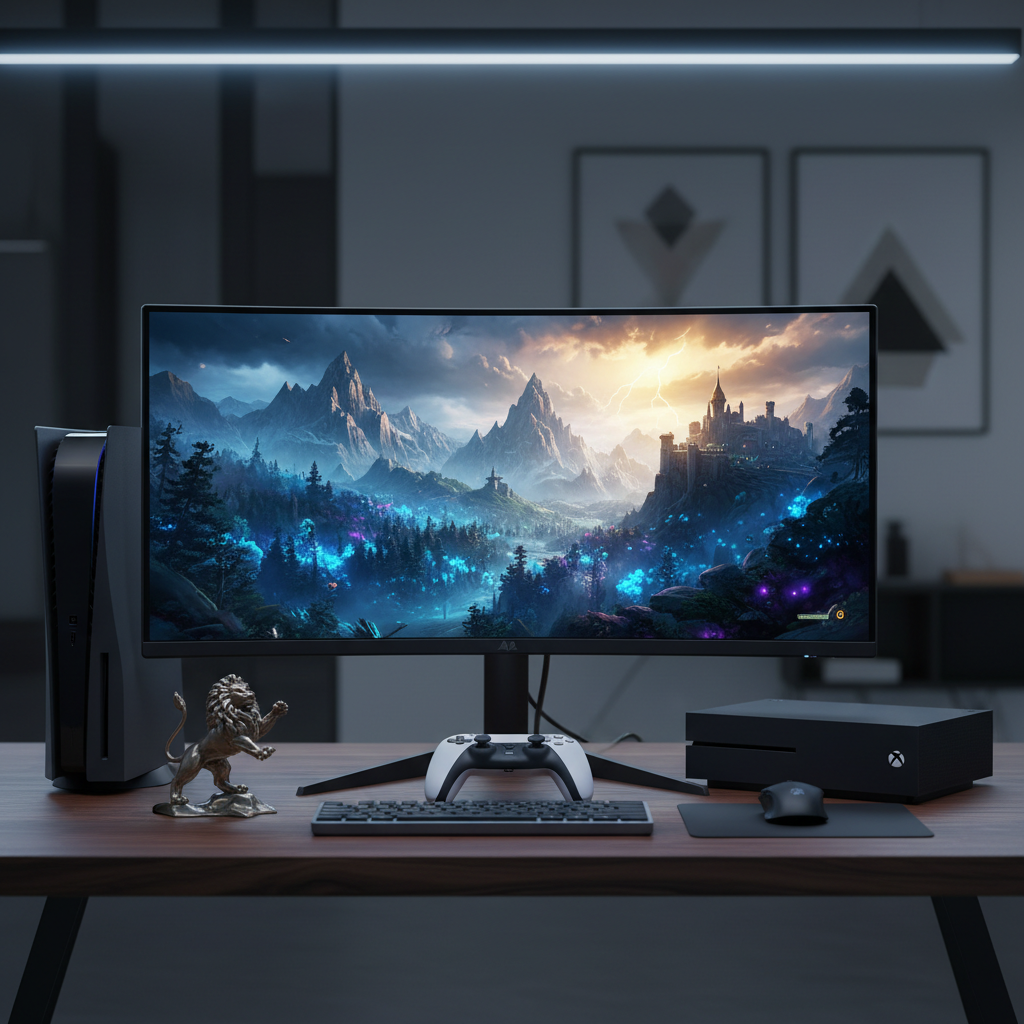 An ultra-wide curved monitor displaying a vibrant, in-progress game world: a detailed fantasy landscape with towering mountains, glowing forests, and a distant castle under a dramatic sky. The monitor rests on a clean, dark wood desk with neatly arranged dual consoles, a game controller, and a small lion figurine symbolizing the studio brand. Cool, diffused studio lighting illuminates the scene, highlighting subtle textures on the desk and hardware while leaving the background softly out of focus. Photographic realism from a slightly elevated angle, with a balanced composition that feels modern, immersive, and consumer-focused, emphasizing polished, player-ready experiences.