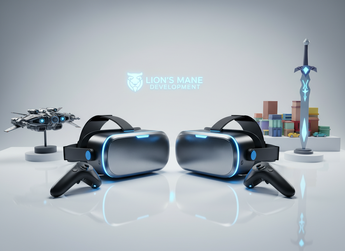 A pair of high-end VR headsets and motion controllers arranged symmetrically on a clean, white workstation, surrounded by small props from different game genres: a detailed miniature sci-fi ship, a stylized fantasy sword, and a low-poly cityscape model. Cool, neutral studio lighting bathes the scene, producing soft reflections on the lenses and subtle shadows that add depth without clutter. The composition uses the rule of thirds, shot from an eye-level perspective in photographic realism, with sharp focus across the arrangement. The mood is innovative and forward-looking, emphasizing Lion’s Mane Development’s commitment to immersive, consumer-focused game experiences across multiple worlds and genres.