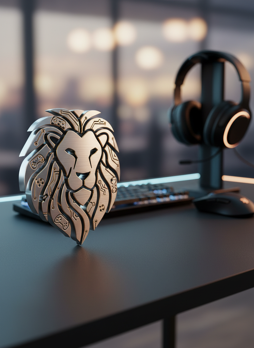 A sleek, stylized lion’s mane logo rendered as a three-dimensional metallic emblem, its flowing strands subtly resembling circuit traces and game controller shapes. The emblem sits centered on a matte black desk surface beside a high-end gaming keyboard, a minimalist mouse, and a pair of over-ear headphones resting on a stand. Cool blue and soft amber LED lighting from beneath the desk casts gentle reflections on the metal, creating a professional, high-tech atmosphere. Photographic realism at eye level, with a shallow depth of field that keeps the emblem razor sharp while the peripherals blur into a tasteful bokeh, evoking premium game development with the consumer at heart.