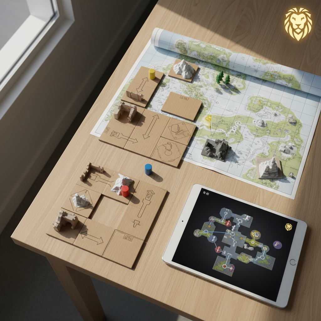 A tabletop scene featuring multiple physical prototypes of game level layouts: neatly cut cardboard tiles, printed maps, color-coded tokens, and small 3D-printed terrain pieces. A sleek tablet lies nearby, displaying a digital version of the same level, along with a stylized lion’s mane icon in the corner. Soft, diffused daylight from a nearby window washes over the light oak surface, creating gentle, natural shadows and a warm, focused atmosphere. Captured in photographic realism from an overhead, bird’s-eye view, with clear, sharp details across the entire frame, the composition feels organized and thoughtful, emphasizing iterative, consumer-centered design in game development.