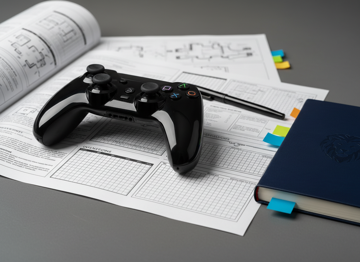 A close-up of a glossy black game controller resting on a technical game design document covered in finely printed notes, level diagrams, and UI wireframes. Colored sticky tabs and a branded notebook featuring an embossed lion’s mane logo sit nearby on a smooth, charcoal-grey tabletop. Overhead softbox lighting creates gentle, even illumination, emphasizing the textures of the plastic, paper fibers, and embossed details while casting mild, professional shadows. Shot in photographic realism from a shallow angle with the controller in crisp focus and the design notes gradually blurring back, suggesting thoughtful, player-centered development and meticulous craftsmanship.